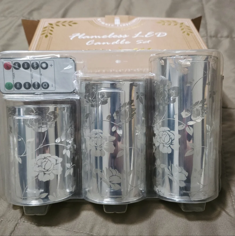 Silver Floral Flameless LED Candle Set